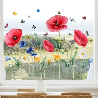 WandSticker4U®- XXL Fensterbilder Frühling selbstklebend MOHNBLUMEN Rot (88x57 cm) I Fenstersticker Blumen Pflanzen Fensteraufkleber Wohnzimmer Schlafzimmer Bad Küche Fenster Deko GROß