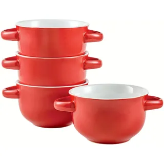 UNICASA Suppentassen mit Henkel 4 teilige Suppenschüsseln servieren Suppe Crocks Schalen, Suppenschalen, Bouillontassen, Müslischüsseln, Füllmenge 650ml, Rot