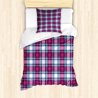 ABAKUHAUS Plaid Mantele, Rosa und Blaue Tartan, Milbensicher Allergiker geeignet mit Kissenbezügen, 135 cm x 200 cm - 80 x 80 cm, Blau-Rosa-Grau - Rosa