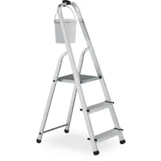 Relaxdays Trittleiter klappbar, 3 Stufen, Leiter Aluminium, 125 kg, mit Sicherheitsbügel, HBT 116 x 40,5 x 61 cm, Silber
