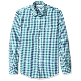 Amazon Essentials Herren Langärmeliges Business Hemd aus Popeline Schmale Passform, Blau Grün Vichy-muster, L