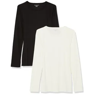 Amazon Essentials Damen Schmal geschnittenes Oberteil mit Langen Ärmeln und Rundhalsausschnitt aus Rippstrick (in Übergröße erhältlich), 2er-Pack, Gebrochenes Weiß/Schwarz, L