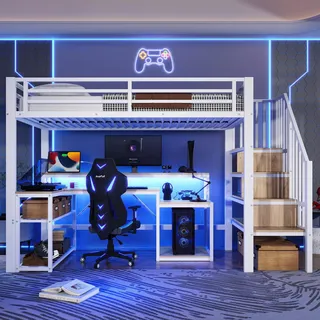 Flieks Etagenbett 90x200cm mit Schreibtisch und Ablagen, Jugendbett Hochbett mit Usb & Led, Kinderbett Stockbett mit Treppe, Metallbett Weiß - Weiß