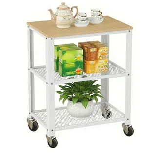 Relaxdays Küchenwagen, 3 Ebenen, Holzoptik, Rollwagen Küche, Haushalt & Büro, HBT: 77,5x60x40 cm, Metall, hellbraun-weiß