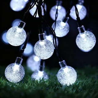 Solarleuchte-Set für Außen, 6,5 Meter, 30 LED, Kristall-Kugel, 8 Einstellungen, wasserdicht, IP65, wetterfest, für Pavillons, Gärten, Balkone, Terrassen - Weiß