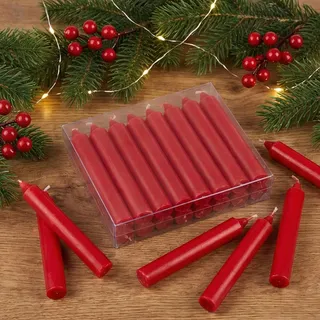 MIJOMA Set Festliche Baumkerzen, Weihnachtskerzen, Pyramidenkerzen, Christbaumkerzen aus Wachs für Weihnachtsbaum, Geburtstagsfeiern und Torten, Lange Brenndauer, Ø11x105 mm (20, Rot)