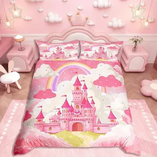 Homemissing Prinzessin Schloss Kinder Bettbezug Set und Rosa Schloss Bettwäsche Set 135x200cm Märchen Mädchen Prinzessin Betten Set Raum Dekor Atmungsaktive Mikrofaser