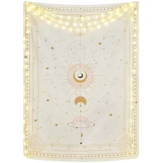 Yugarlibi Mondphasen Wandteppich Konstellation Wandbehang Beige 210x150cm | Konstellation Wandtuch Sternenhimmel Tarotkarten Wandbehang Ästhetisch Retro Astrologie Wandkunst für Schlafzimmer Wohnzimmer