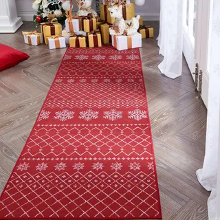 TOPICK Weihnachtsteppich Läufer Flur Weihnachten Schneeflocke Rot Rutschfester Waschbarer Teppichläufer Urlaub Dekor Lang Geometrische Weiche für Schlafzimmer Badezimmer Wohnzimmer 60x210(cm)