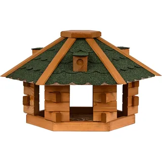 dobar® Vogelhaus Blockhaus 6-eckig mit Bitumendach - Vogelfutterhaus aus Holz wetterfest lasiert - Futterstation für Wildvögel stehend für Ständer - Grün
