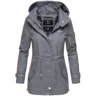 Marikoo Nyokoo Damen Herbst Übergangsjacke mit Kapuze Jacke Parka Frühling Dunkelgrau mit Print Gr. 36 - S - Grau