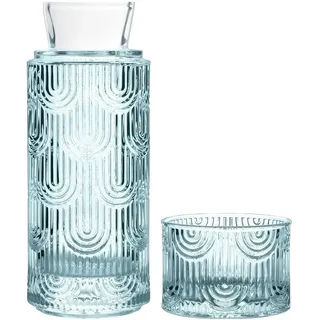 Nachttisch Wasserkaraffe Set mit Becher Glas Nachttasse Set, Mundwasser Flasche Karaffe mit Becher Deckel für Gästezimmer, Badezimmer, Wohnzimmer 21.6 Oz/630ml (Hellblau)