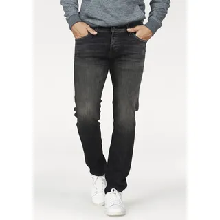 Slim-fit-Jeans JACK & JONES "JJIGLENN – Slim-Fit-Jeans mit niedriger Leibhöhe", Herren, Gr. 32, Länge 34, schwarz (schwarz denim), Denim/Jeans, Obermaterial: 91% Baumwolle, 7% Polyester, 2% Elasthan, Abriebeffekte, slim fit lang, Jeans Slim-fit-Jeans, Used, modisch, slim fit, Denim/Jeans