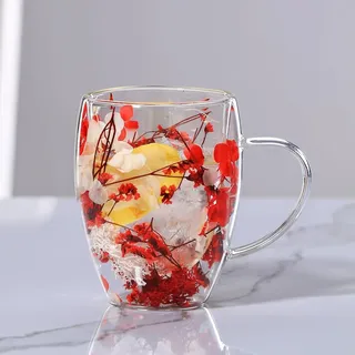 Doppelwandige Tasse mit Trockenblumen 350 ml für Cappuccino Espresso Latte Tee (Rot) - Rot