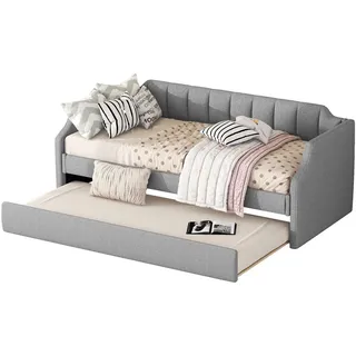 Flieks Tagesbett 90x200cm Grau Gepolstert Einzelbett mit Rollbett Klappbar , Holz , 90x200 cm , Schlafzimmer, Betten