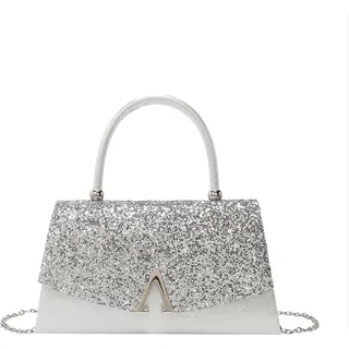 OUAYEMEL Glitzernde Abend-Handtasche, Glitzer-Clutch für Damen, Brautschmuck, Hochzeit, Geldbörse, für Abschlussball, Cocktail-Party, Clutches mit abnehmbarer Kette, silber