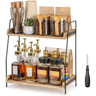 Küchenregal Arbeitsplatte - Stabiler Kaffeebar Organizer aus Holz und Metall mit Schraubendreher, Vintage Gewürzregal stehend für Kaffeestation, Tassenregal für Küche Büro Bad, Braun, 37 x 19 x 33 cm