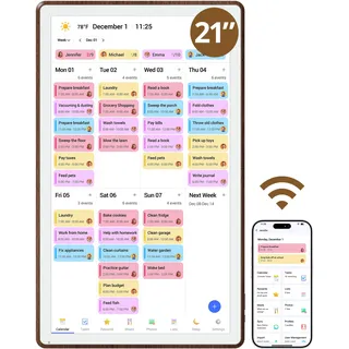 Dragon Touch 21.5 Zoll Digitaler Kalender Wand - 1920 * 1080 FHD Elektronischer Wandkalender Familienplaner mit 64GB Speicher und Wandhalterung, Touchscreen Intelligenter Tischkalender-Braun