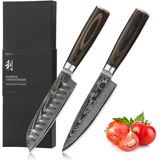 Wakoli EDIB Essentials 2er Damastmesser-Set - 12cm & 13cm Klingen aus 67 Lagen Damaststahl - Holzgriff - Inklusive Geschenkbox & Fingerschutz - Premium Chef- und Santokumesser