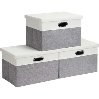 Febzoce Aufbewahrungsbox mit Deckel Extra Groß Faltbarer Stoff Aufbewahrungswürfel Korb Mülleimer Organizer Hellgrau/Weiß, Extra Groß, 44 x 31 x 29 cm, 3 Stück