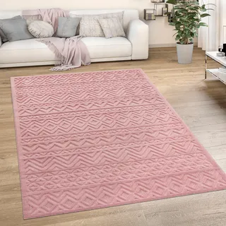 Paco Home Teppich »Livorno 673«, rechteckig, 14 mm Höhe, Uni-Farben, Scandi, Rauten Muster, Hoch-Tief Effekt, Outdoor geeignet, pink