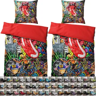 SANILO® Bettwäsche 135x200 cm, 100% feinste Baumwolle, 4-teilig, Bettbezug, Kissenbezug 80x80cm -Graffiti