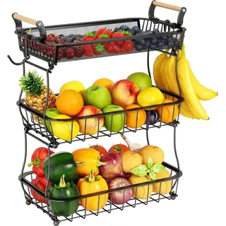 Schwarzer 3-stöckiger Obstständer mit Bananenhaken und großem Metallkorb für Zwiebeln