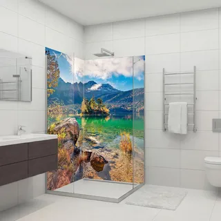 dedeco 2tlg. Eck-Duschwand Berg V7, 90x210cm Alu 3mm Fliesenersatz | Duschrückwand & Badrückwand aus Alu 3mm – fugenlos, wasserfest, pflegeleicht, als Fliesenersatz