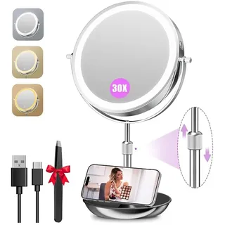 Auxmir 30X/1X Wiederaufladbarer Kosmetikspiegel mit Beleuchtung, 9cm Höhenverstellbar, 9 Zoll Schminkspiegel, 3 Lichtfarben & Helligkeit Dimmbar, 360° Drehbarer Tischspiegel für Makeup & Hautpflege