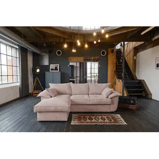KAWOLA Sofa DAMETO Ecksofa Bettsofa Schlafsofa mit Stauraum Cord rosa Recamiere links