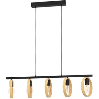 EGLO Pendelleuchte Ipsden, 5 flammige Hängelampe, minimalistisch, Hängeleuchte aus Holz in Natur und Metall in Schwarz, Esstischlampe, Wohnzimmerlampe hängend mit E27 Fassung