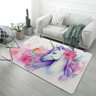 Rosa Lila Traum Einhorn Cartoon Teppich Schlafzimmer Mädchen, Flanell Teppiche rutschfest Blumen Stern Regenbogen Einhorn Großer Teppich für Wohnzimmer Spielzimmer, 120x180 cm, Color5