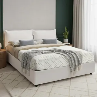 Talamo Italia Doppelbett Maya, Containerbett mit Kunstlederbezug, 100% Italy, Frontöffnung, passend für Matratze 140x190 cm, Weiß