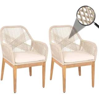 2er-Set Gartenstuhl HWC-H56b, Sessel Outdoor, wetterfest Seilgeflecht Rope Holz Akazie  beige Kissen creme-weiß - Beige