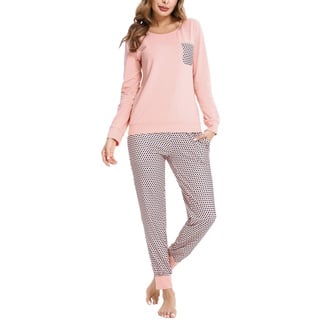 Doaraha Schlafanzug Damen Lang Pyjama Set aus Baumwolle Zweiteiliger Nachtwäsche Langarm Rundhals Sleepshirt und Karierte Pyjamahose Damen Schlafanzüg für Herbst Winter