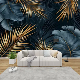 PaxGloz Fototapete Goldene Tropische Blätter Tapete Dunkelblau Luxus Palmenblatt Tapeten Vliestapete Modern Wandtapete Wohnzimmer Schlafzimmer Kinderzimmer Wanddeko Motivtapeten 416 x 254 cm (B x H)