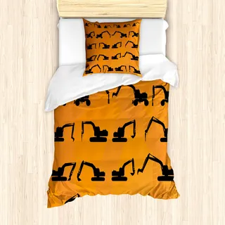 ABAKUHAUS Konstruktion Mantele, Bagger Raupen, Milbensicher Allergiker geeignet mit Kissenbezügen, 135 cm x 200 cm - 80 x 80 cm, Orange Schwarz - Orange