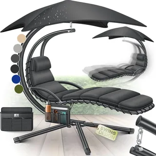 KESSER® Schwebeliege mit Sonnenschirm, Hängeliege , Sonnenliege H200, L194, B100 cm, Relaxliege, Schaukelliege Hängematte , bis 120 kg belastbar , Schaukelliege, Auflagen - Nackenkissen - Grau