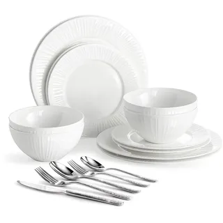 HIKAA Knochenporzellan Geschirrset und Gehämmert Besteck Set 8 Personen, 18/10 Essbestecksets und Tafelservice, Teller Set Mikrowellen und Spülmaschinenfest, Cutlery Set für Zuhause (Silber/Weiß)