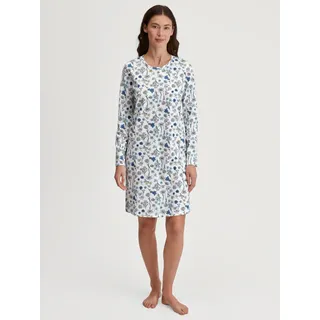 Nachthemd CALIDA "Blooming Nights", Damen, Gr. XS (36/38), N-Gr, blau (riviera blau), Single Jersey, Obermaterial: 100% Baumwolle, bequem kniefrei, Rundhals, Kleider Nachthemd, Allover-Print, Pure Cotton, Langarm, atmungsaktiv, weich