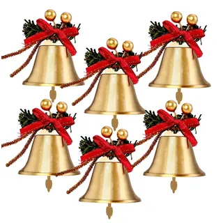 Weihnachtsglocken, Metall, goldfarben, 6 Stück goldene Glocken mit roter Schleife und Beerenbaum, hängende Ornament, Weihnachtsdekoration, Ringglocke für Weihnachtsbaum-Anhänger, Urlaubsdekoration