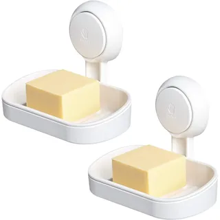 LEVERLOC Seifenschale mit Ablauf 2 Pack, MAX Halten 3 KG, Dusche Seifenhalter Wandmontage, Seifenschalen ohne Bohren, Seifenhalter mit Saugnapf für Badezimmer, Schwammhalter Küche, Plastik in Weiß