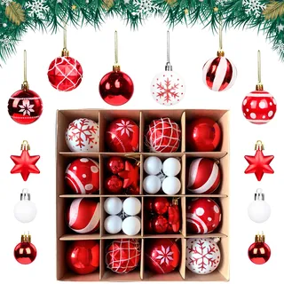 Weihnachtskugeln Kunststoff Set Rot Weiß 42 Stücke Christbaumkugeln Deko Weihnachten Weihnachtsbaumschmuck mit Aufhänger Bruchsicher Weihnachtsdeko Aussen Innen