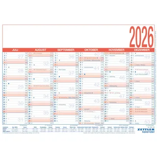 Zettler Arbeitstagekalender 2026 - A4 (29 x 21 cm) - 6 Monate auf 1 Seite - Tafelkalender - auf Pappe kaschiert - Jahresplaner - 908-1315