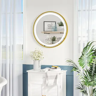 kleankin Badspiegel, mit Memoryfunktion, Zeitanzeige, LED-Leuchte, Ip44 , Goldfarben , Glas , 4x60x60 cm , Badezimmer, Badezimmerspiegel, Badspiegel