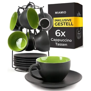 MIAMIO - 6 x 175 ml Tasse Cappuccino Tassen mit Unterteller & Ständer/Cappuccinotassen Set - Le Papillon Kollektion (Grün)