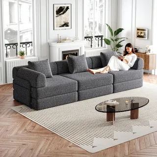 okwish 3-teiliges Set 2-in-1 Schlafsofa Loungesofa Relaxsofa mit Armlehnen und Ablagefach,Klappsofa Tagesbett mit Stahlrahmen und rutschfeste Unterlage,Grau - Grau