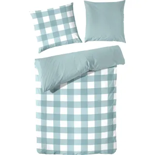 Bettwäsche PRIMERA "Basic Perkal", blau (weiß, aquamarin), B/L: 135cm x 200cm, 1 Stk., 1 Stk., Perkal, B/L: 80cm x 80cm, 2 Stk., Perkal, Obermaterial: 100% Baumwolle, Bettwäsche, Bettwäsche, im modernen Karodesign