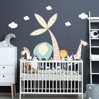 Wandsticker Kinder Dekoration Babyzimmer Wandtattoo Kinderzimmer Wandaufkleber Wandsticker Skandinavische Tiere und die magische Palme (H60 x B90 cm)