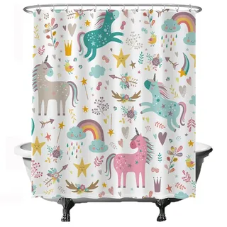 Ulticool Duschvorhang - Einhorn Unicorn Pferd Wolken Stern Regenbogen - 180 x 200 cm – Waschbar – Wasserdicht - mit 12 Ringe - Weiß Rosa Braun Grün